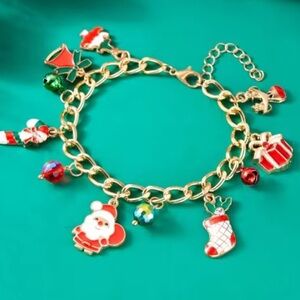 Christmas Charm Bracelet with Santa Tree Gift PendantsFestive Gold Chain Holiday